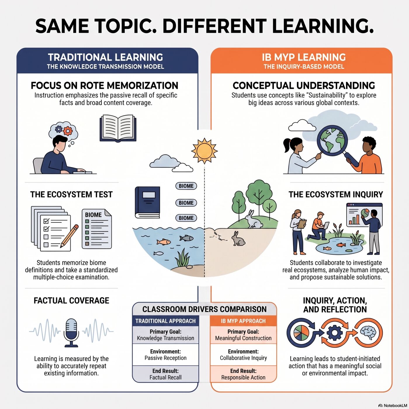 Comparison of traditional learning versus IB MYP learning using the same ecosystem topic: the traditional model focuses on rote memorization and a multiple-choice biome test, while the MYP model uses conceptual understanding, collaborative inquiry into real ecosystems, and student-initiated action.