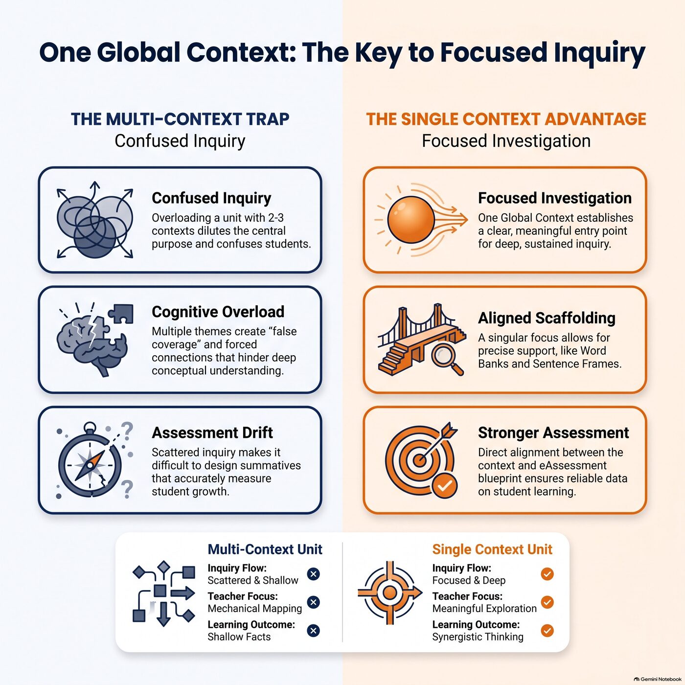 Comparison of a unit with three Global Contexts leading to confused inquiry versus one clear Global Context leading to focused investigation