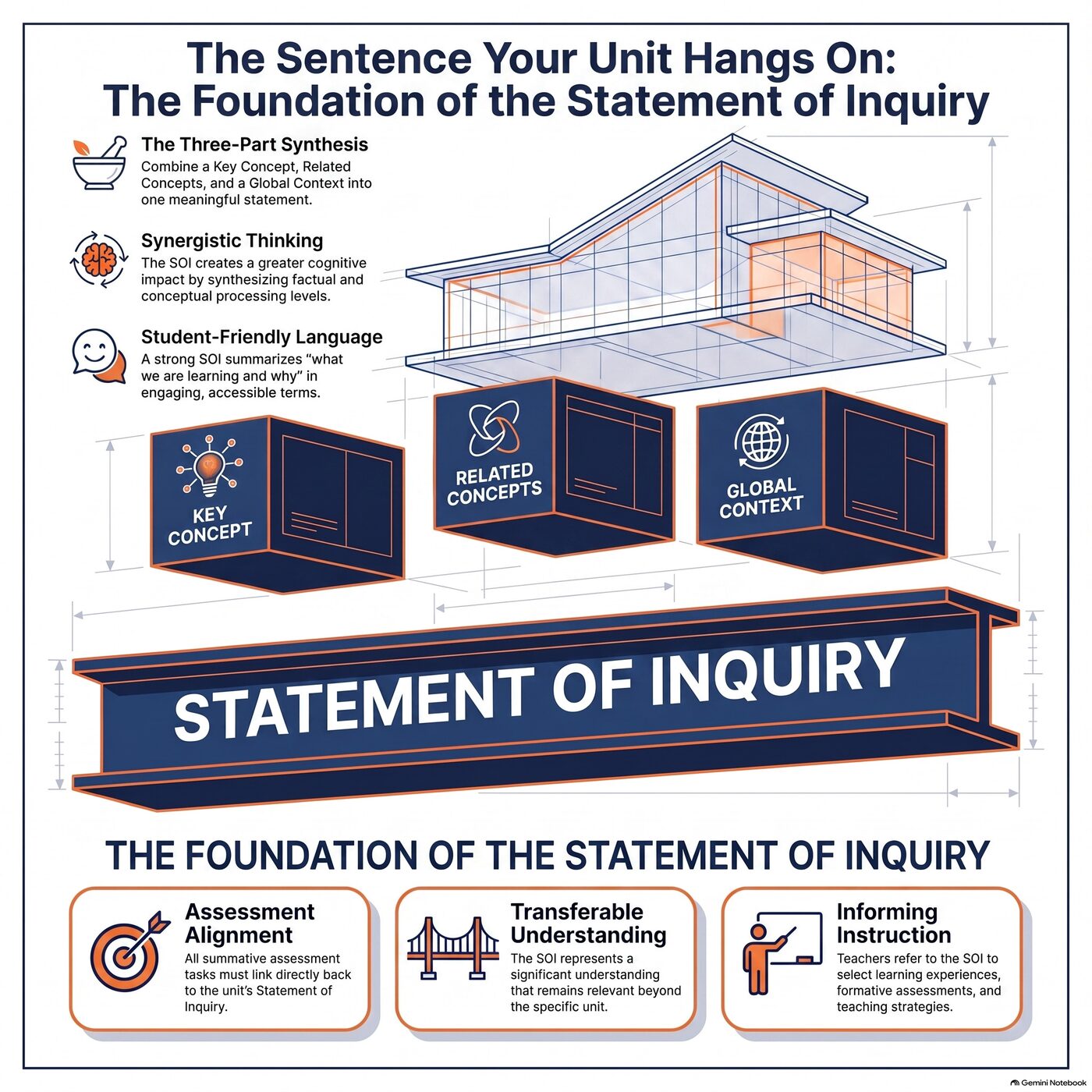 Blueprint-style diagram showing the Statement of Inquiry as the foundation holding up Key Concept, Related Concepts, and Global Context