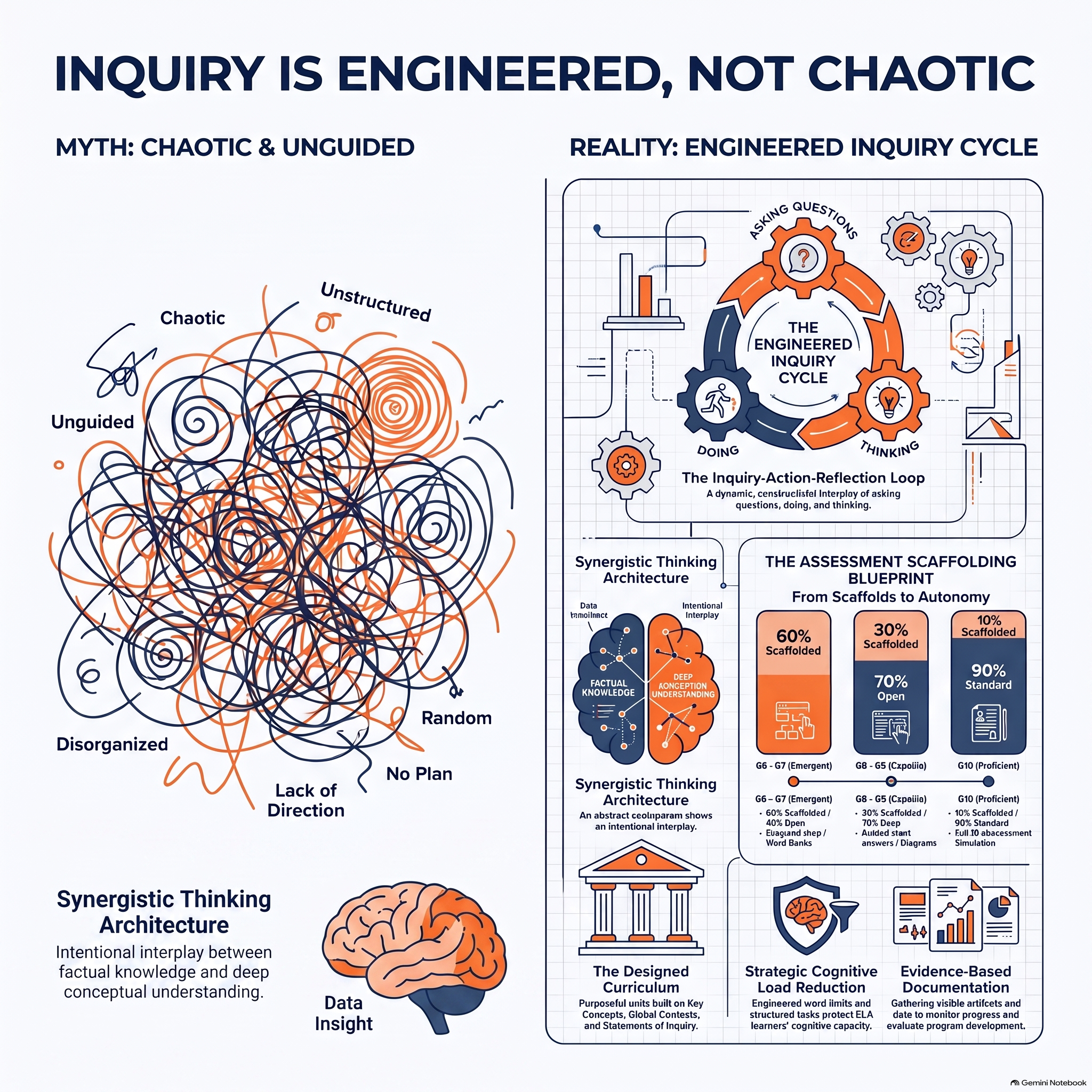 Diagram comparing a deliberately engineered inquiry cycle against a haphazard, unplanned approach to classroom inquiry